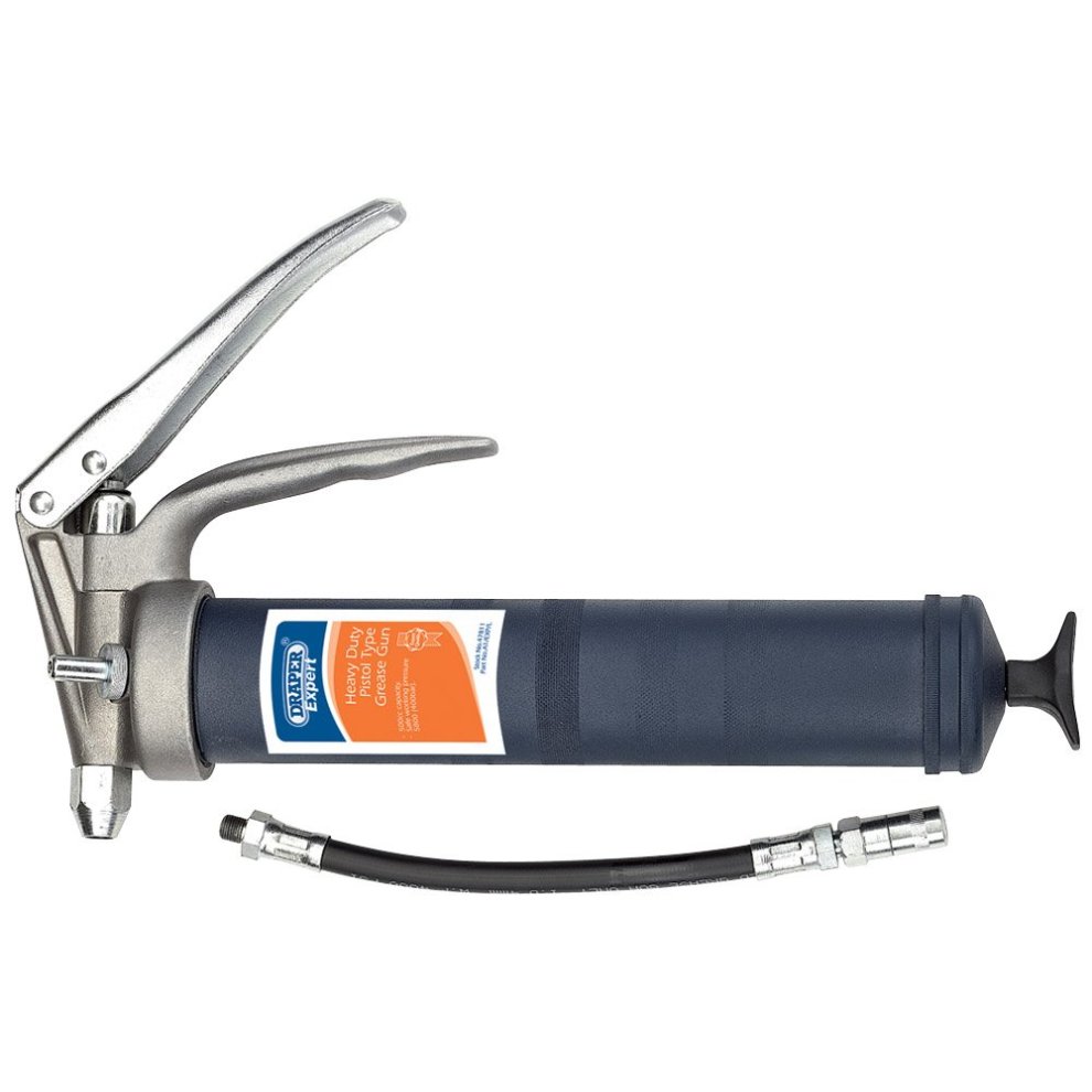 Professional heavy-duty pistol-type grease gun in silver and blue, featuring a metal handle, a rubber grip, and a flexible hose with a connector for easy lubrication.