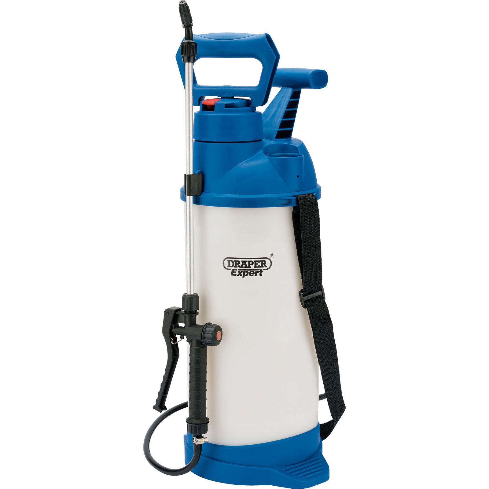 White 10L pump sprayer with a blue top and handle, featuring a black spray nozzle, adjustable shoulder strap, and a pressure release valve for easy operation.