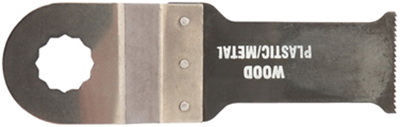 Offset combination saw blade with a 23mm width, featuring a silver metal finish, a round hole for attachment, and a serrated edge for cutting wood and plastic materials.