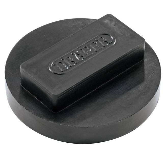Round black rubber pad with a rectangular raised section, embossed with "DRAPER," designed for use with trolley jacks, specifically for BMW vehicles.