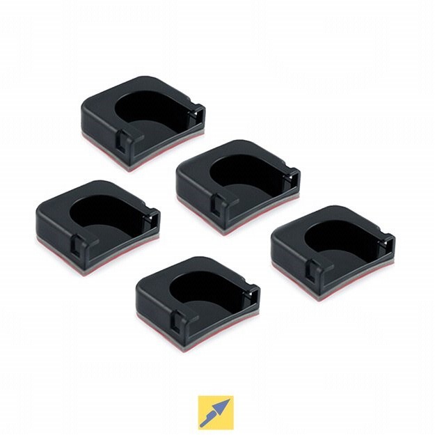 Five black curved adhesive mounts made of durable plastic, featuring a smooth surface and a red adhesive backing for secure attachment.