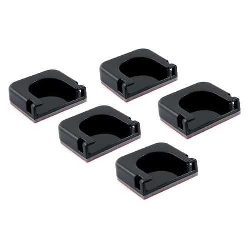 Four black flat adhesive mounts with a curved inner shape, made of durable plastic, featuring a red adhesive backing for secure attachment.