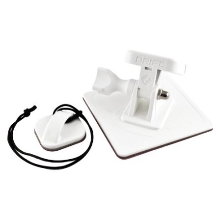 White Drift Innovation Flat Surf Mount with a sturdy base, adjustable clip, and a safety tether for secure attachment to surfboards or other flat surfaces.