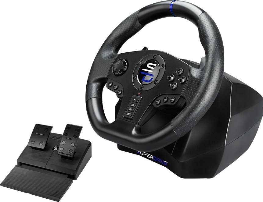 Black racing wheel with textured grip, featuring multiple buttons and a blue LED strip, accompanied by a pedal set on a black base.