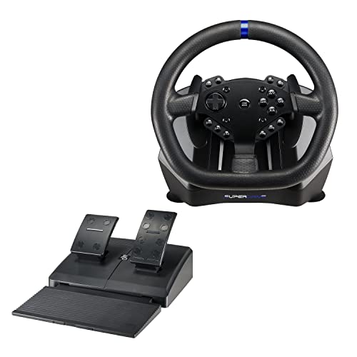 Black racing wheel with a textured grip, featuring multiple buttons and a blue accent, accompanied by a separate black pedal set with a textured surface.