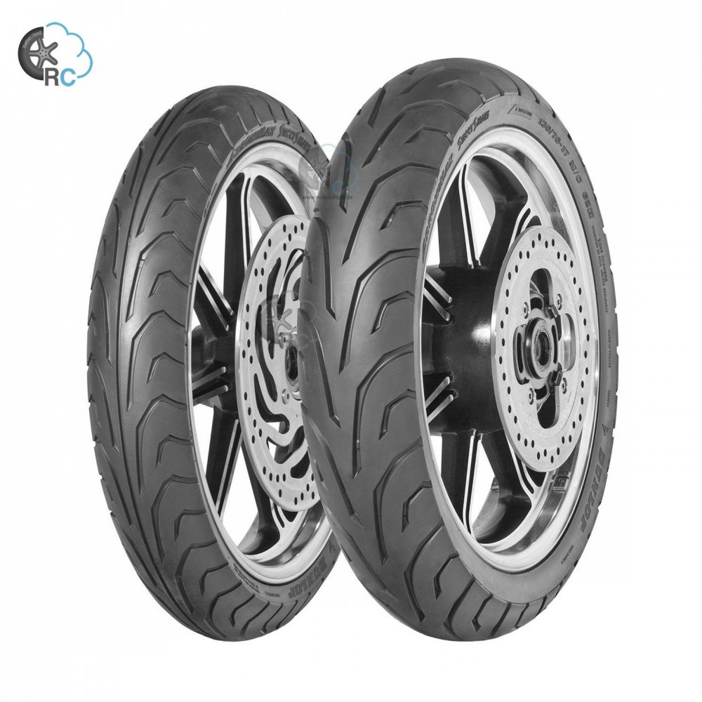 Dunlop Arrowmax Streetsmart front motorcycle tire, 110/80-17 size, featuring a black rubber tread pattern with grooves, and a silver rim with brake disc.