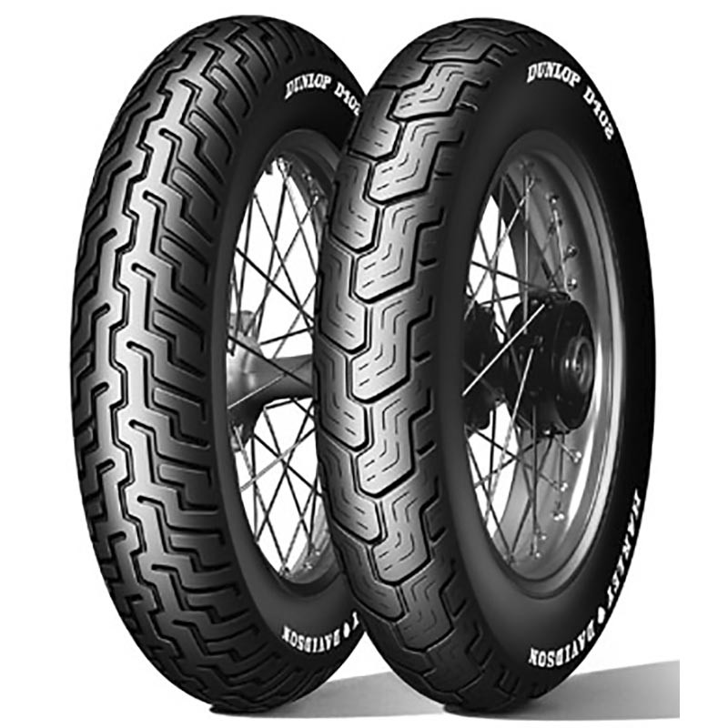 Dunlop D402 H/D rear motorcycle tire, featuring a black rubber exterior with a tread pattern designed for stability, mounted on a silver spoked wheel.