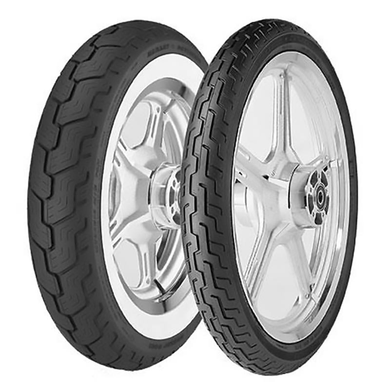 Dunlop D402 rear tyre featuring a narrow whitewall design, with a black rubber tread and a silver alloy wheel, marked with size MU85B16 and a speed rating of 77H.