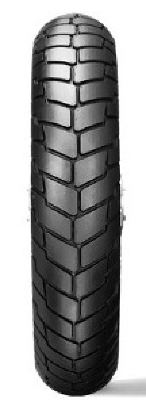 Black rubber tire with a deep tread pattern, featuring a symmetrical design, ideal for enhanced grip and stability, labeled "D427 F H/d" by Dunlop.