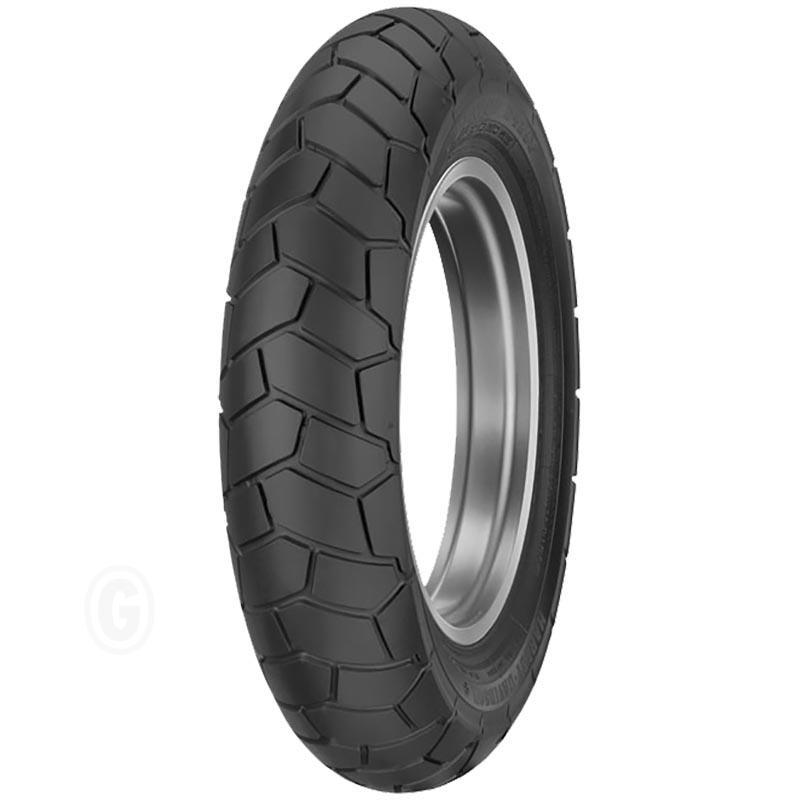Black motorcycle tire with a rugged tread pattern, featuring a smooth sidewall and a metallic rim, designed for durability and performance on various terrains.