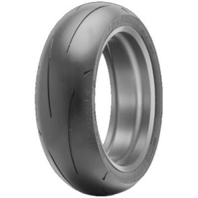 Black racing tire with a smooth surface and shallow tread, featuring a wide profile and rounded edges, designed for high-performance vehicles by Dunlop.