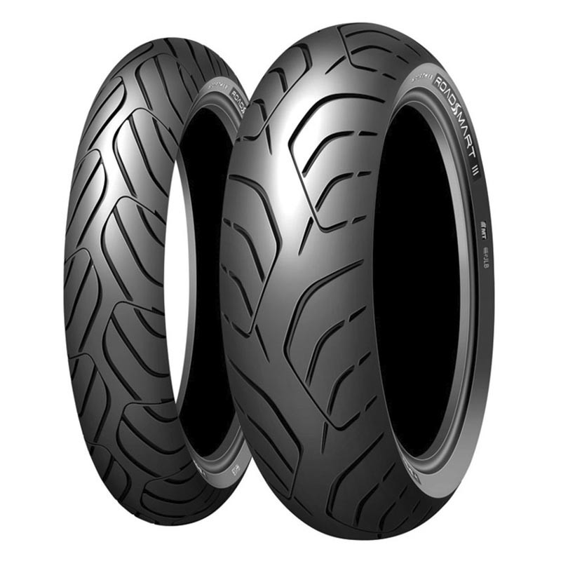 Two Dunlop Sportmax Roadsmart I summer tyres, 120/70 R15 56H, featuring a sleek black rubber surface with a distinctive tread pattern for enhanced grip and performance.