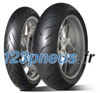 Dunlop Sportmax Roadsmart II tire in size 120/70 ZR18, featuring a sleek black rubber tread with a sporty design and a silver alloy wheel visible behind it.