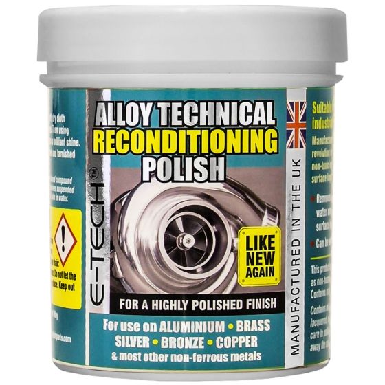 E-Tech Engineering Alloy Technical Reconditioning Polish in a 250ml white container, featuring a silver and black label with text highlighting its use for various metals and a "Like New Again" tagline.