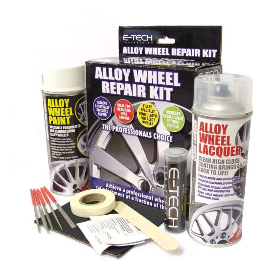 E-Tech Engineering Alloy Wheel Repair Kit in Competition White includes paint, lacquer, sandpaper, tape, and instructions for professional-quality wheel repairs.