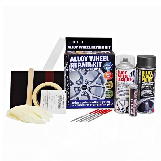 E-Tech Engineering Alloy Wheel Repair Kit in Technik Grey, featuring paint, lacquer, tools, and gloves for professional wheel refurbishment.