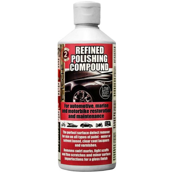 E-Tech Engineering C2 Refined Polishing Compound in a 500ml silver bottle with a red label, featuring automotive graphics and text highlighting its low dust formula and usage instructions.
