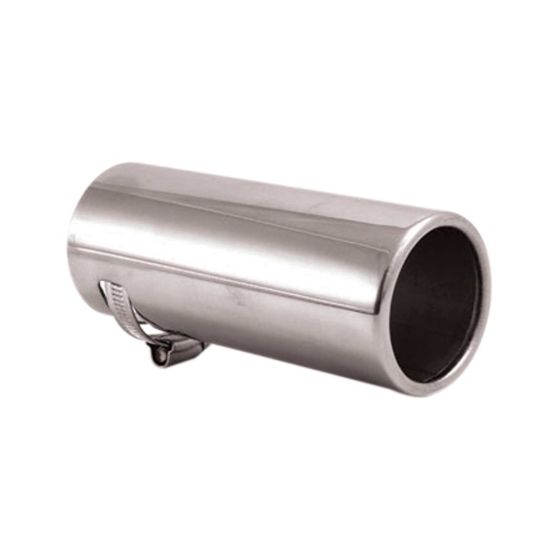 Shiny stainless steel exhaust trim with a cylindrical shape, featuring a clamp for secure attachment, designed for small exhaust systems.