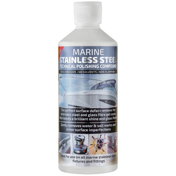 Clear plastic bottle of E-Tech Engineering Marine Stainless Steel Polish, 500ml, featuring a blue and white label with text highlighting its use for stainless steel and glass surfaces.
