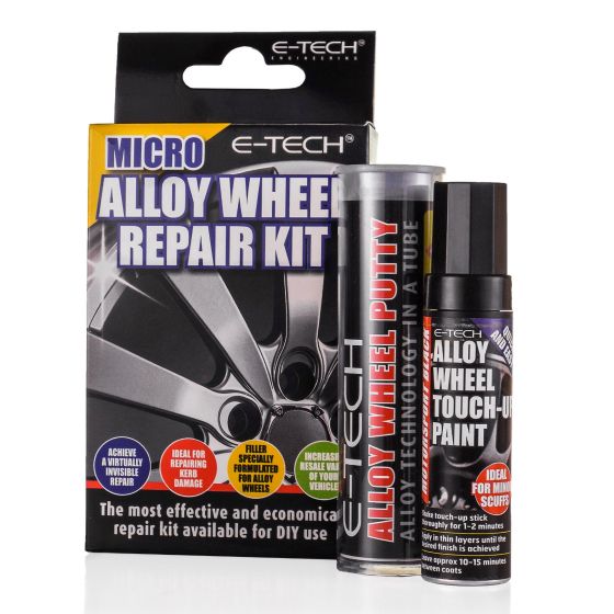 E-Tech Engineering Micro Alloy Wheel Repair Kit in Motorsport Black, featuring alloy wheel putty in a tube and touch-up paint, designed for effective DIY repairs.