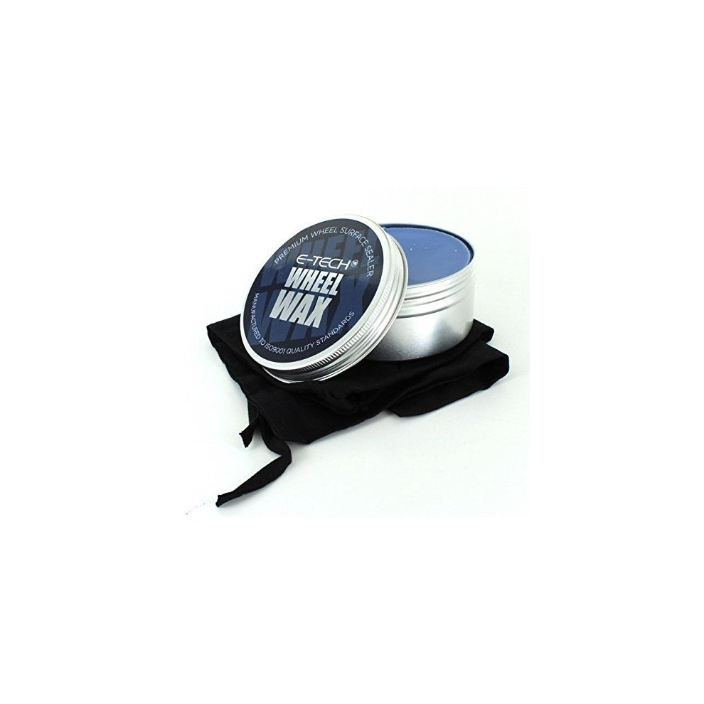 Premium 180g wheel wax in a silver tin with a blue wax surface, resting on a black pouch, featuring the E-Tech Engineering logo prominently on the lid.