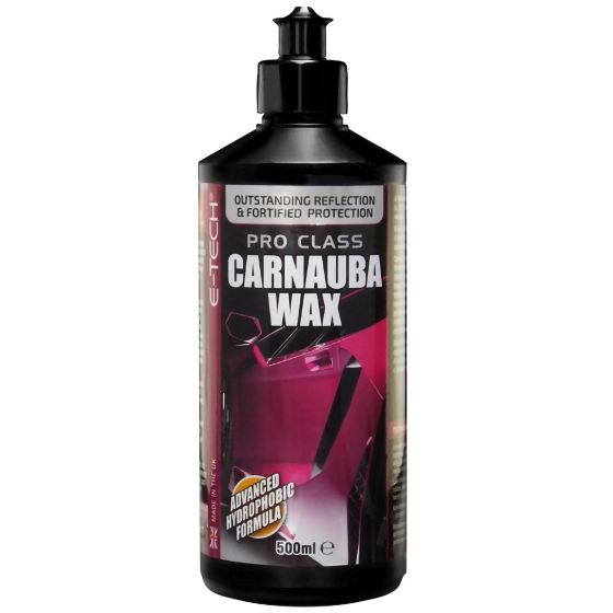 Black bottle with a sleek design, featuring a pink label that reads "E-Tech Pro Class Carnauba Wax" and highlights "Outstanding Reflection & Fortified Protection," 500ml size.