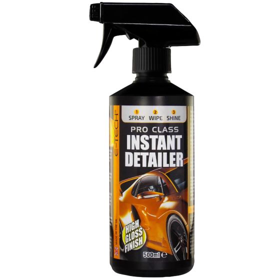 Black spray bottle with a trigger nozzle, featuring an orange and black label that reads "E-Tech Pro Class Instant Detailer" and highlights "High Gloss Finish," 500ml size.