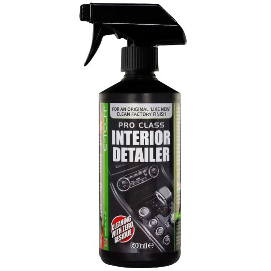 Black spray bottle with a trigger nozzle, labeled "E-Tech Engineering Pro Class Interior Detailer" in bold white and green text, 500ml capacity, featuring a sleek car interior graphic.