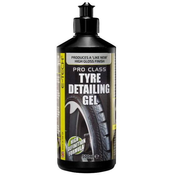 Black plastic bottle of E-Tech Engineering Pro Class Tyre Detailing Gel, featuring a sleek design, yellow accents, and a nozzle cap, labeled with product details and a 500ml capacity.