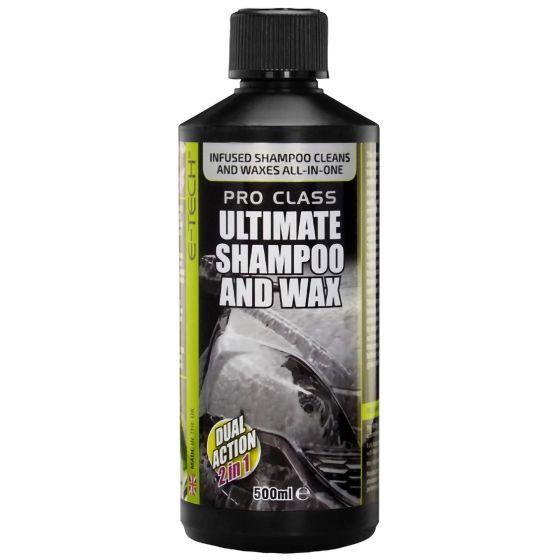 Black bottle with a green label, featuring bold text that reads "Pro Class Ultimate Shampoo and Wax," highlighting its 2-in-1 dual action for cleaning and waxing, 500ml size.