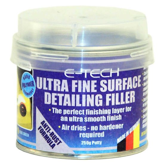 E-Tech Engineering Ultra Fine Surface Detailing Filler in a clear plastic container, featuring a blue label with white text, highlighting its anti-rust formula and 250g size.