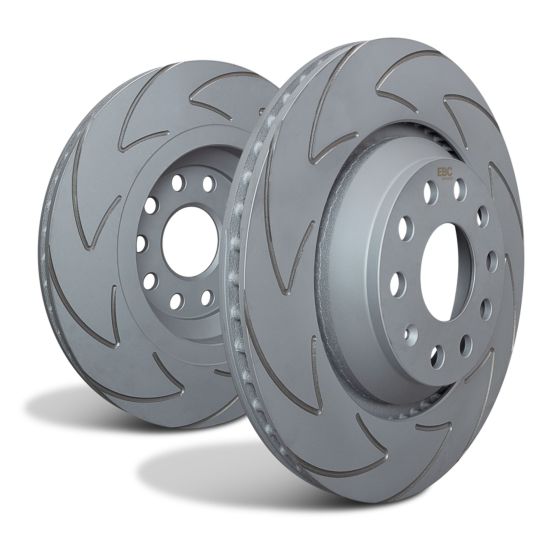 Two solid rear brake discs from EBC Brakes, featuring a grey finish, slotted design, and measuring 272x10mm, designed for enhanced performance and heat dissipation.