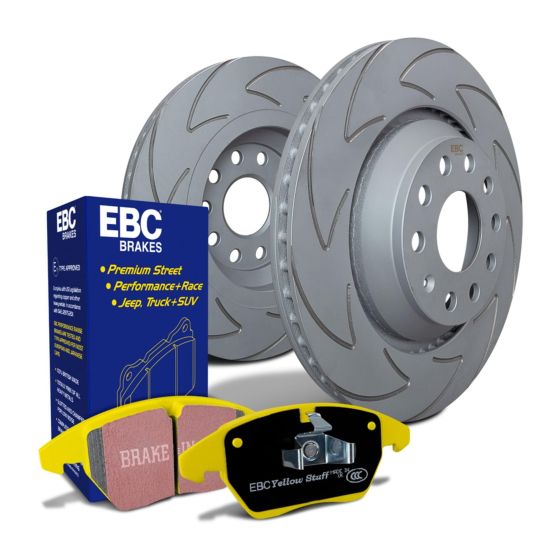 EBC Brakes BSD performance discs with a vented design, 312mm x 25mm size, paired with bright yellow EBC Yellowstuff brake pads in a blue box.