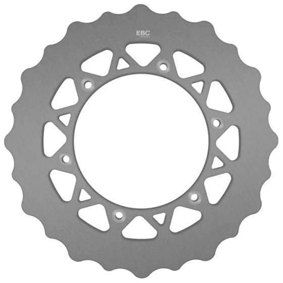 Silver undrilled enduro brake disc with a scalloped edge and multiple holes for mounting, featuring the "EBC" logo prominently in the center.