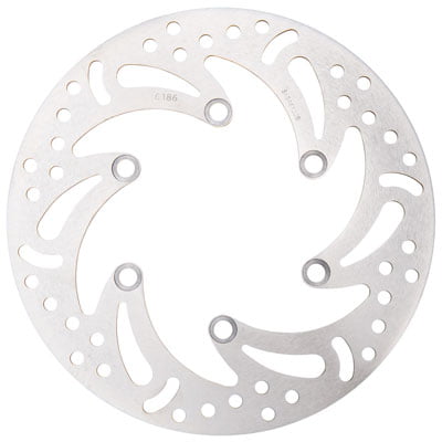 Silver 256mm front brake rotor by EBC Brakes, featuring a circular design with multiple holes and curved cutouts for enhanced cooling and performance.