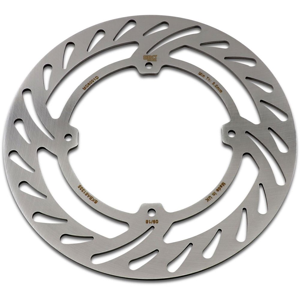 Stainless steel motorcycle brake disc with a circular design, featuring curved slots for heat dissipation and an engraved EBC logo, suitable for rear rotor applications.