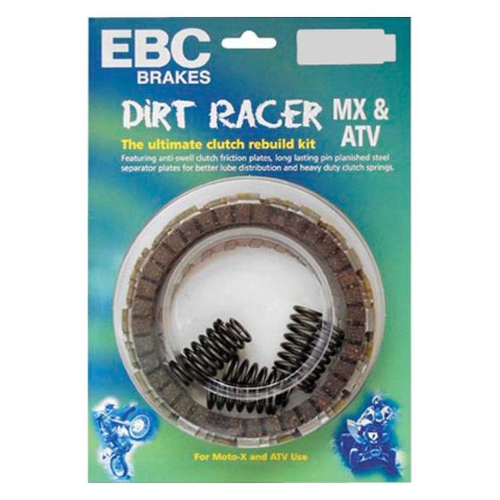 EBC Brakes Dirt Racer Clutch Set featuring brown friction plates, steel separator plates, and black coil springs, packaged in a clear plastic case with a colorful label.