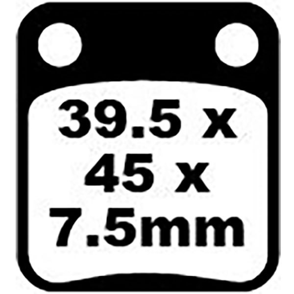 Black brake pad with white text displaying dimensions 39.5 x 45 x 7.5mm, featuring two mounting holes at the top for easy installation on motorcycles.