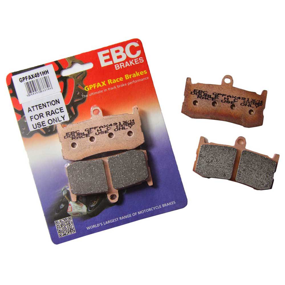 Sintered motorcycle brake pads in copper and black, featuring a textured surface, mounted on a branded EBC Brakes card with a warning for race use only.