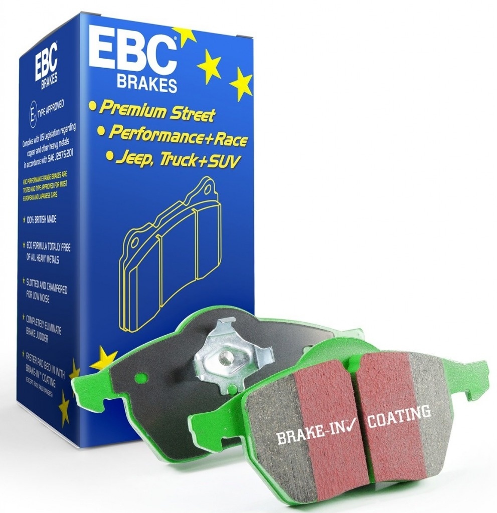 Green EBC Brakes brake pad set with a red and gray friction surface, displayed next to a blue box featuring yellow stars and product details for premium street and race performance.