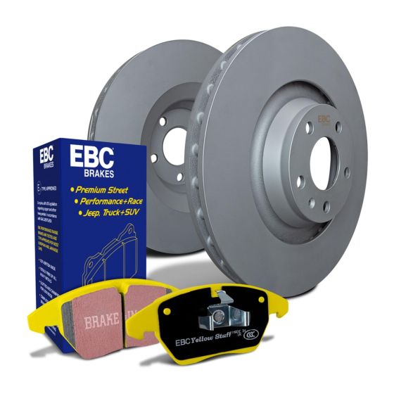 EBC Brakes OE replacement brake discs and Yellowstuff pads kit featuring front vented discs, 278mm x 23mm size, and distinctive yellow brake pads in a blue box.