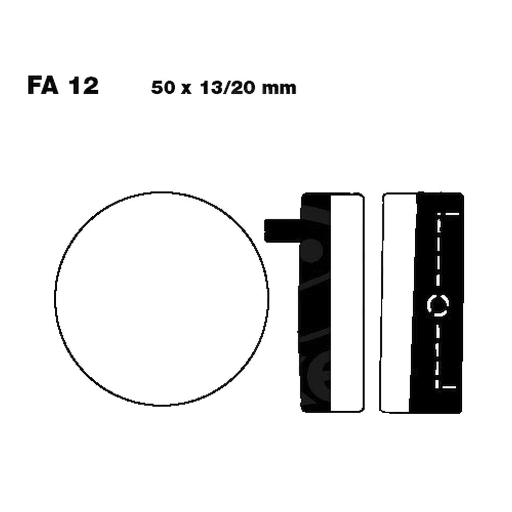EBC Brakes Organic FA Series motorcycle brake pads in black and white, featuring a Kevlar composition, with dimensions labeled as 50 x 13/20 mm.