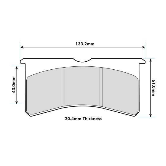 EBC Brakes RP-1 brake pads, featuring a rectangular shape with a smooth surface, dimensions of 133.2mm x 61.10mm, and a thickness of 20.4mm, designed for AP Racing and Wilwood calipers.