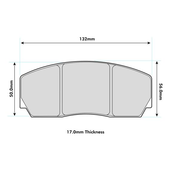 EBC Brakes RP-X brake pads in a flat design, featuring a grey color, with dimensions of 132mm width, 56mm height, and 17mm thickness, suitable for AP Racing calipers.