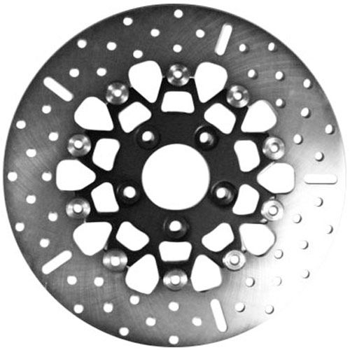 Silver stainless steel brake disc with a circular design, featuring multiple drilled holes and a black center hub, designed for touring motorcycles by EBC Brakes.