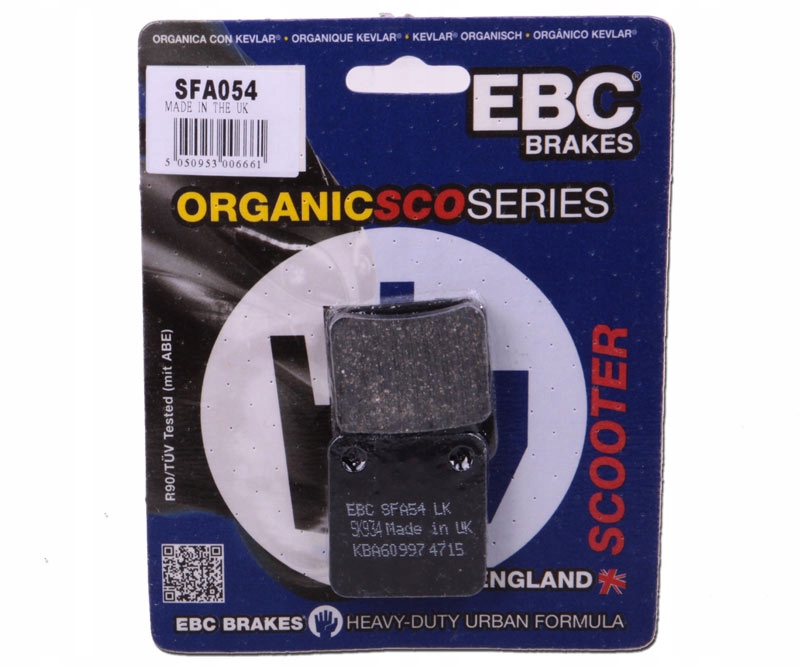 EBC Brakes SFA054 Brake Pad Set in a blue and black packaging, featuring a dark gray brake pad with a textured surface, labeled with product details and branding.