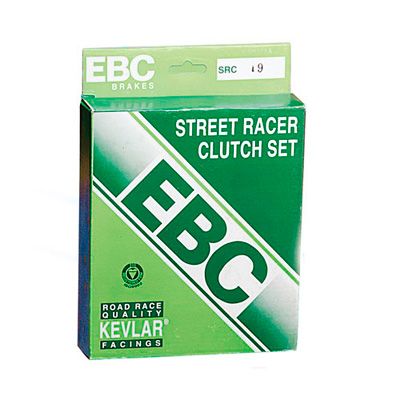 Green and white packaging for EBC Brakes SRC Street Racer Clutch Kit, featuring bold "EBC" logo and "ROAD RACE QUALITY KEVLAR FACINGS" text on the front.