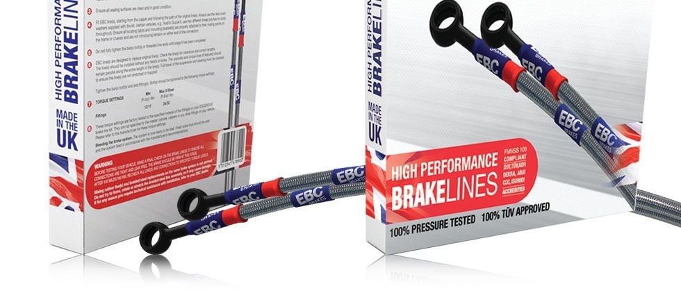 High-performance auto brake lines in braided stainless steel with black rubber ends, packaged in a box featuring the EBC Brakes logo and UK flag design.