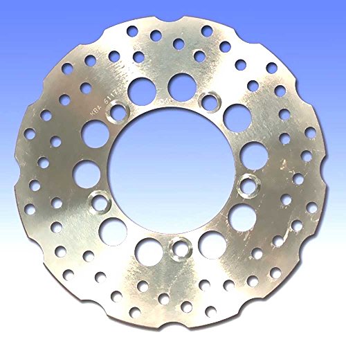 Stainless steel rear brake disc with a contour design, featuring multiple drilled holes and a shiny metallic finish, ideal for motorcycle performance.