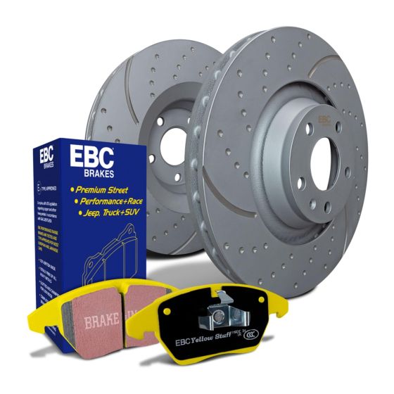 EBC Brakes Turbo Groove Discs and Yellowstuff Pads Kit featuring solid silver discs with grooves and yellow brake pads, packaged with a blue box labeled "EBC Brakes."
